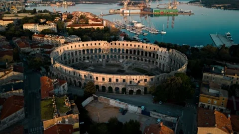 View of Pula Arena and historic city rooftops in Croatia. Stock Footage 339916511