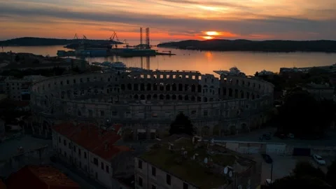 View of Pula Arena at sunset in Pula, Croatia. Stock Footage 339916443