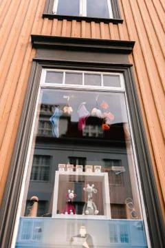 View of a puppet store window, full of old, dusty toys.iceland reykyavik Stock Photos