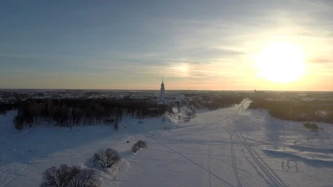 View from the quadrocopter to the bell tower in the city of Shuya Stock Footage 101673888