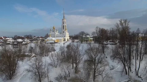 View from the quadrocopter to the bell tower in the city of Shuya Stock Footage 101673935
