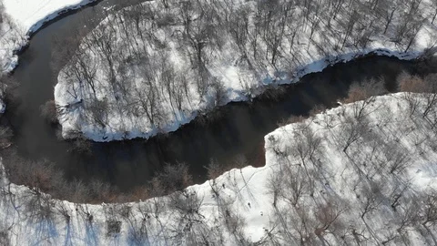 View from the quadrocopter on the river in spring Stock Footage 120936273