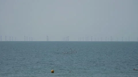 A view of quiet sea surface with windmills farm in the distance. Stock Footage 201899440