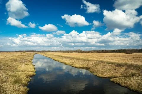 A view of a quiet small river and meadows on a sunny day Stock Photos