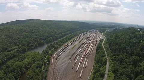 View of rail yard and river Stock Footage