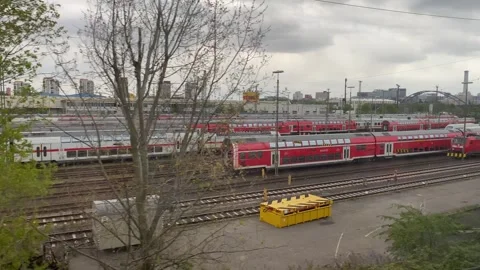 View of rail yard as the train leaves Frankfurt station Stock Footage 244640617