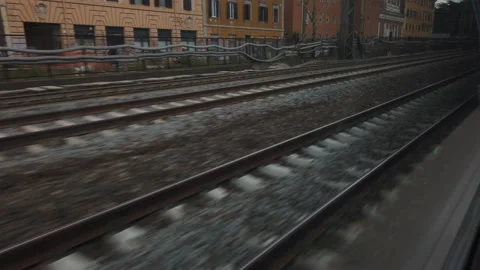 View on railroad track from the window of fast train Stock Footage 133455733