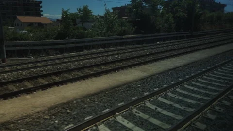 View on railroad track from the window of fast train Video stock 133457299