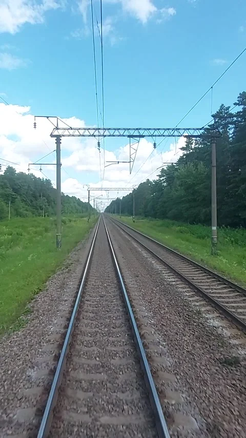 A view of the railway from the last car of a train. The train rushes along the 스톡 동영상 318958632