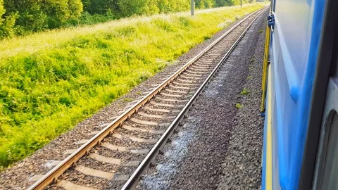 View of the railway rails from the train window Stock Footage 111398238