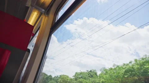 View from railway train window to the blue sky and clouds outside during a ride Stock Footage 218464156