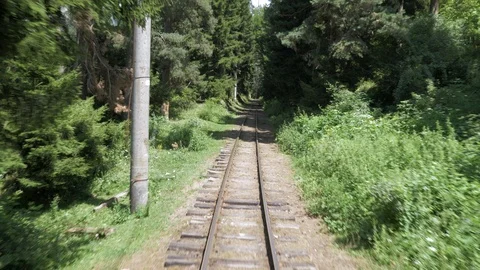 View to the railway from the window in last wagon in the forest - Georgia Video stock 86111132