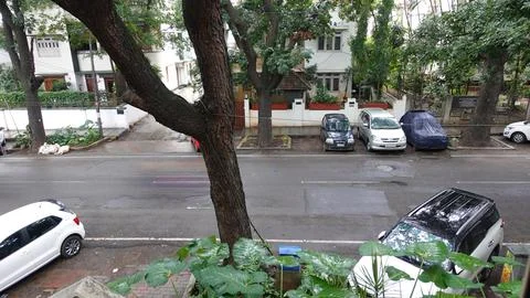 View of Rain drops from window during the Monsoon season. Stock Photos