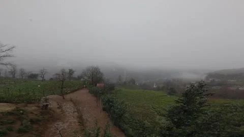 View of rain falling on tea garden and mountains in rainy weather Stock Footage 301800711