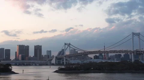 View of Rainbow Bridge and the Tokyo skyline, Japan Stock Footage 53202728