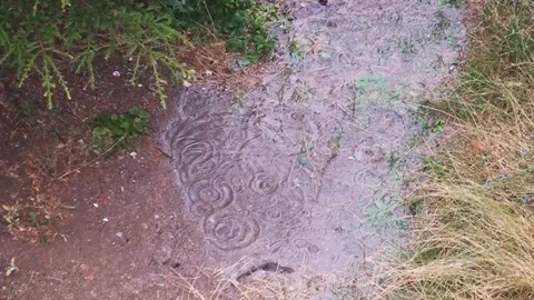 View of raindrops falling on a puddle with rain sound Stock Footage 93029005