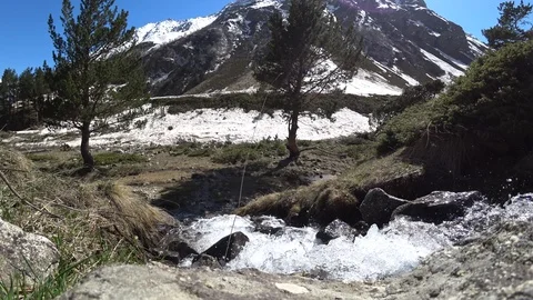 A view of the rapid mountain river with snowy mountains background Video stock 90492148