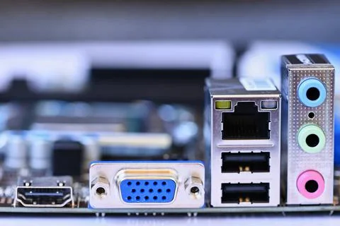 View of the rear connectors of a computer. Internet audio - video. Stock Photos