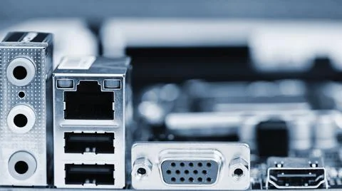 View of the rear connectors of a computer. Internet audio - video. Stock Photos