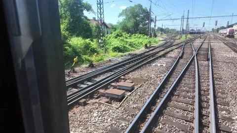 View from the Rear Window of a Moving Train on a Sunny Day in Europe Stock Footage 277904772