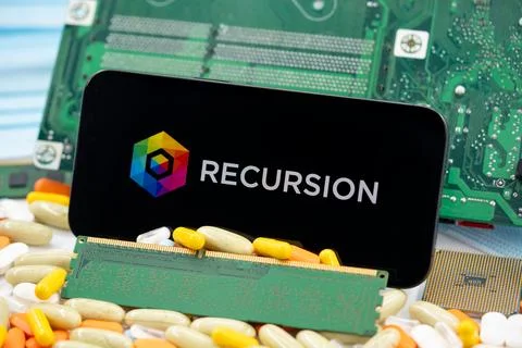 View of Recursion logo on smartphone with health technology concept. Toronto, Stock Photos