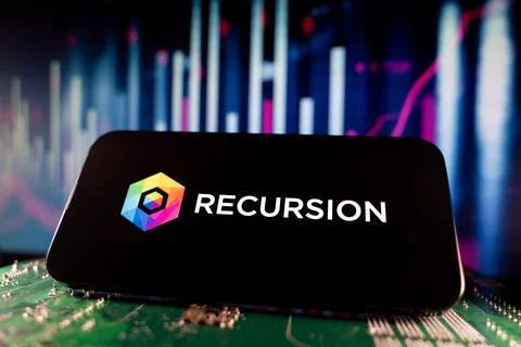 View of Recursion logo on smartphone screen with financial charts. Toronto, Stock Photos
