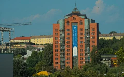 View on red bricks building and Petrovaradin fortress in background Stock Photos