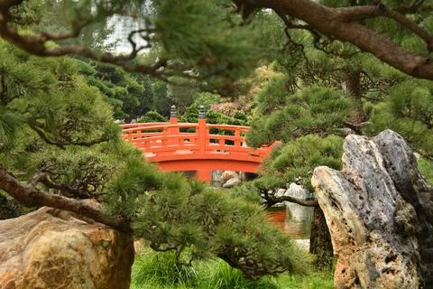 View of a red bridge inside Nan Lian garden in Hong Kong Stock Photos