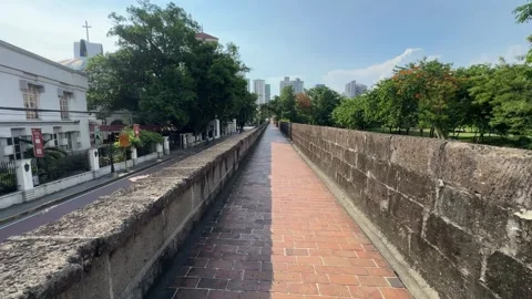 View of red fire trees and church tower from top of Intramuros walls 4K 库存影片 337457846