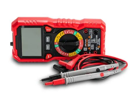 View of red portable digital multimeters or multitester with test leads and p Stock Photos