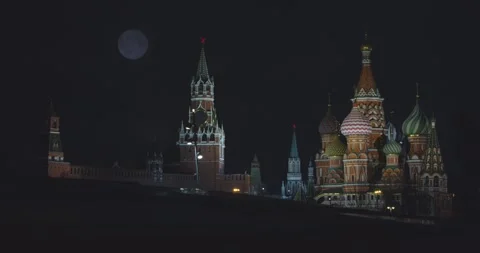View of Red Square in Moscow at night. Full moon in dark sky. Silhouette of a Stock Footage 131060028