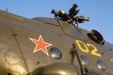 View of the red star on the hull of an old Soviet helicopter Stock Photos