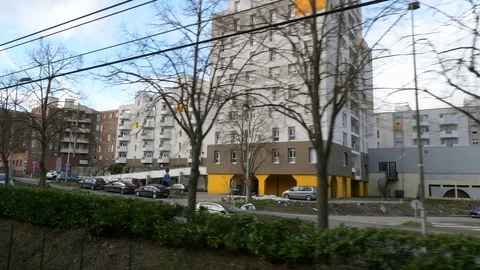 View from RER Train. Suburban Apartment Buildings, Block of Flats. Paris Suburbs Stock Footage 128887122