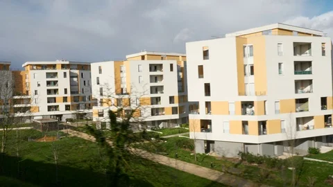 View from RER Train. Suburban Apartment Buildings, Block of Flats. Paris Suburbs Stock Footage 129338324
