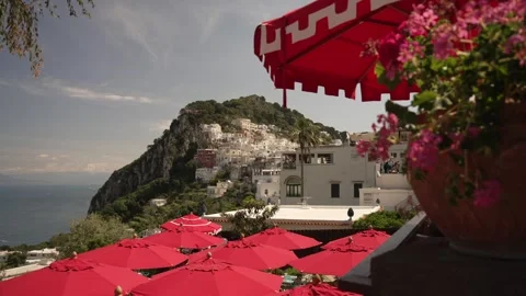 View of restaurant in Capri Town and Mount Vesuvius in the background, Isle of Stock Footage 280041812