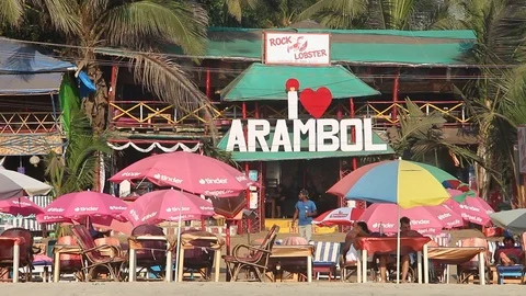 View of restaurants on the Arambol beach. Stock Footage 124654739