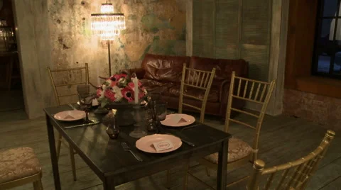 View of restaurant's table decorated for wedding Video stock 42612366