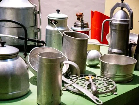 View on retro aluminium kitchen tools Stock Photos