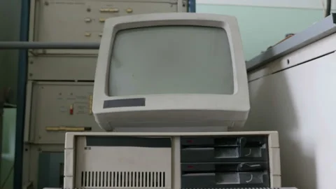 The view of retro computer screen, retro computing machine Stock Footage 90444645