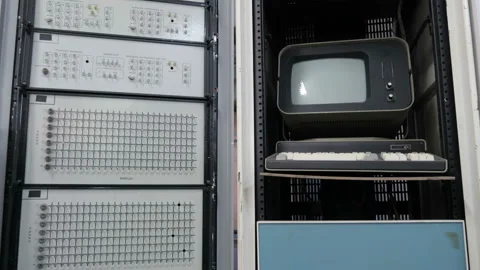View of retro pc with vintage electronic dials and buttons Stock Footage 97779169