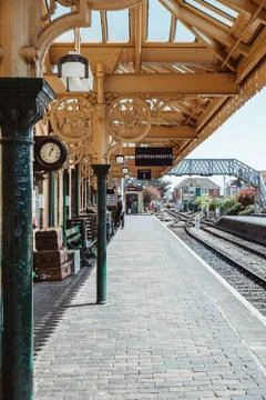View of the retro platform and facilities at Sheringham train station, Norfol Stock Photos