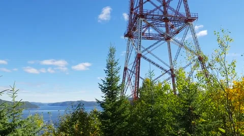 View revealing a large electrical tower in Quebec with a blue sky Video stock 62417457