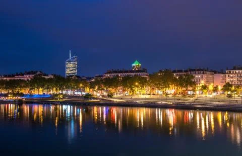 View of Rhone river in Lyon at night, France Фото