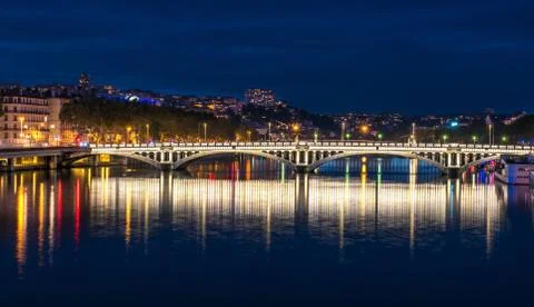 View of Rhone river in Lyon at night, France Photos