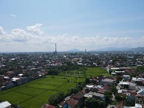 View of the rice fields and the city of Mataram Stock Photos