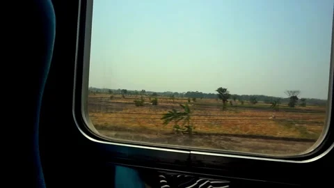 View of rice fields from behind the train window Stock Footage 252058650