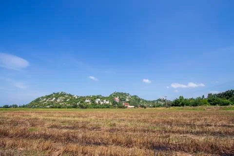 View, rice fields, mountains, sky, Lop Buri Province, Thailand Stock Photos