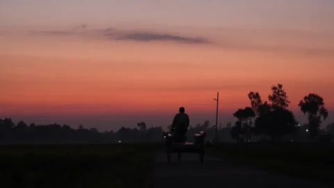 View of a rickshaw puller silhouette at sunset in Bogura, Bangladesh. Stock Footage 335552620