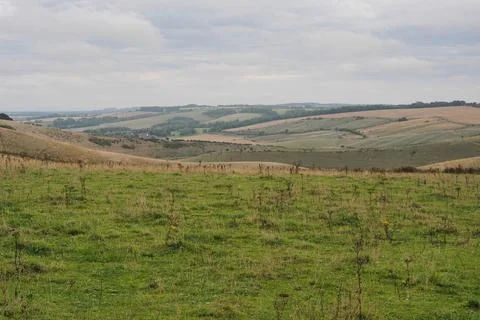 View from the Ridgeway into Devils Punchbowl and Letcombe Bassett, Oxfordshire Stock Photos