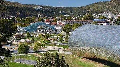 View of Rike Park with Bridge of Peace in Tbilisi, Georgia Stock Footage 76423359